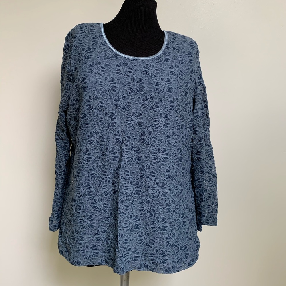 Rafaella Stretch Shirt Top-Slate Blue-Lace Floral Overlay-Lined-3/4 Sleeves-L